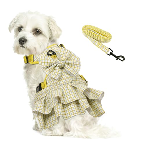 ASENKU Kariertes Hundekleid mit Leine, mit Fliege, für kleine, mittelgroße Hunde, Katzen, Mädchen, Chihuahua, Yorkies, Haustier-Outfits von ASENKU