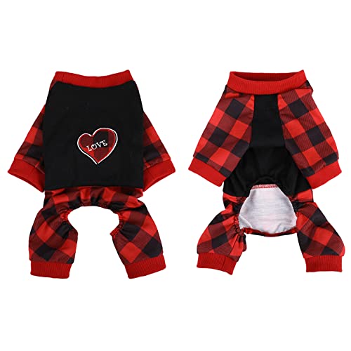 ASENKU Plaid Dog Pyjamas, Soft & Stretchable Pet Dog Pjs Clothes, Puppy 4 Legs Onesie Jumpsuit Outfits Apparel for Small Medium Dog and Cat, Red and Black (Red Heart, S) von ASENKU