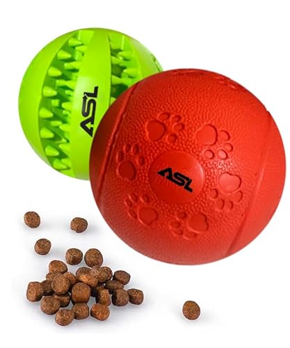 ASL Haustier Puzzle Spielzeug 1 Packung (2 Bälle), Leckerli-Dosierung & Kauspielzeug für Hunde, Rot:1.86cm, 153g, Grün:1.8cm, 82g, Ideal für Zahnpflege, Langsame Fütterung, Geistige Stimulation & von ASL