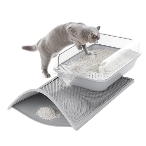 ASOBEAGE Katzenstreu-Matte: doppellagiges Wabendesign - erleichtert das Aufsammeln von Katzenstreu und die Reinigung, wasserdicht, kratz- und rutschfest, tierfreundlich (61 * 38cm, grau) von ASOBEAGE