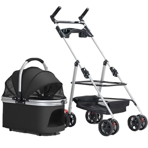 3-in-1-Haustierbuggy, Mit Einem klick Zusammenklappbar for Katze Und Hund, Hundebuggy Mit Abnehmbarer Tragetasche, Aufbewahrungskorb, Getränkehalter(Black) von ASTVDFQK