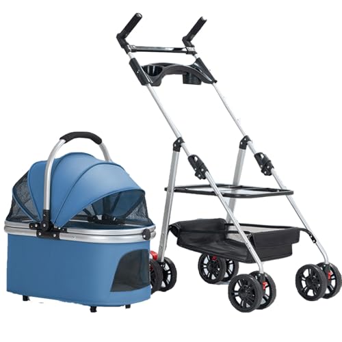 3-in-1-Haustierbuggy, Mit Einem klick Zusammenklappbar for Katze Und Hund, Hundebuggy Mit Abnehmbarer Tragetasche, Aufbewahrungskorb, Getränkehalter(Blue) von ASTVDFQK