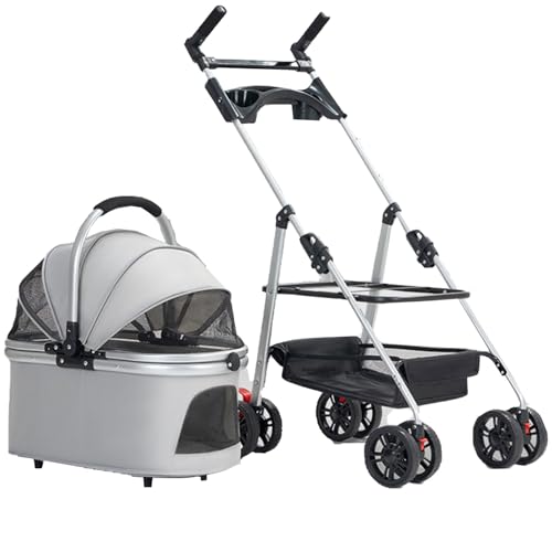 3-in-1-Haustierbuggy, Mit Einem klick Zusammenklappbar for Katze Und Hund, Hundebuggy Mit Abnehmbarer Tragetasche, Aufbewahrungskorb, Getränkehalter(Gray) von ASTVDFQK