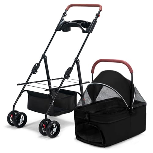 3-in-1-Klappkinderwagen for Kleine Und Mittelgroße Hunde, Hundebuggy, Multifunktionaler Getränkehalter, 360°-Universalrad, Extra Großer Aufbewahrungskorb, for Haustiere(Black) von ASTVDFQK