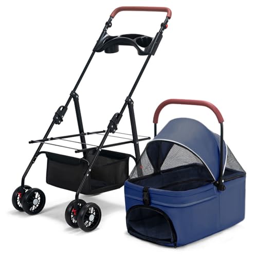 3-in-1-Klappkinderwagen for Kleine Und Mittelgroße Hunde, Hundebuggy, Multifunktionaler Getränkehalter, 360°-Universalrad, Extra Großer Aufbewahrungskorb, for Haustiere(Bule) von ASTVDFQK