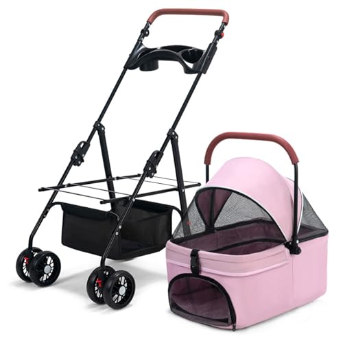 3-in-1-Klappkinderwagen for Kleine Und Mittelgroße Hunde, Hundebuggy, Multifunktionaler Getränkehalter, 360°-Universalrad, Extra Großer Aufbewahrungskorb, for Haustiere(Pink) von ASTVDFQK