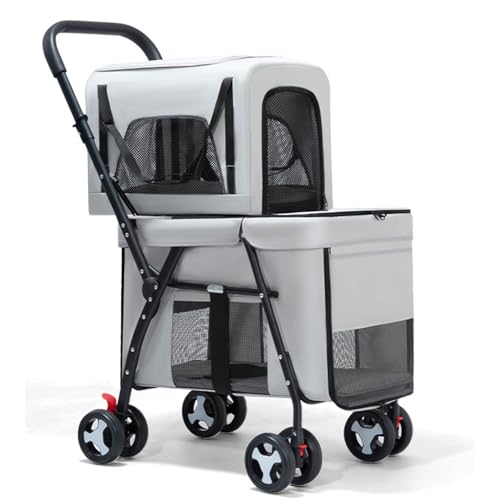 Doppellagiger Haustier-Kinderwagen, Mit Einem klick Zusammenklappbar, Katzen- Und Hunde Hundebuggy Mit Abnehmbarer Tragetasche, Aufbewahrungskorb(Gray) von ASTVDFQK
