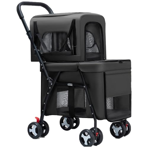 Doppellagiger Hundebuggy, Hunde-/Katzenbuggy Mit Aufbewahrungskorb, Haustierbuggy for Kleine Hunde Und Katzen(Black) von ASTVDFQK