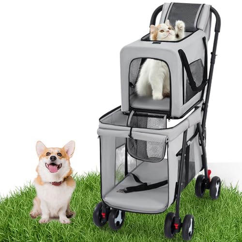 Doppellagiger Hundebuggy, Hunde-/Katzenbuggy Mit Aufbewahrungskorb, Haustierbuggy for Kleine Hunde Und Katzen(Gray) von ASTVDFQK