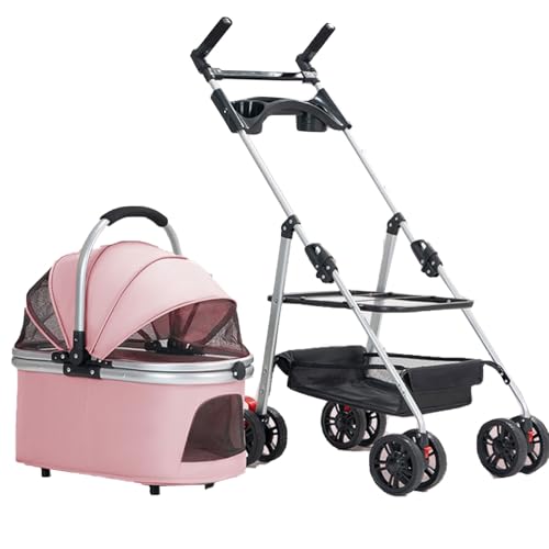 Hunde- Und Hundebuggy Mit 180° Verstellbarem Korb, Einhand-Faltung, Hinterrad-Doppelbremsen, 360° Schwenkbarem Vorderrad, Vergrößertem Aufbewahrungskorb(Pink) von ASTVDFQK