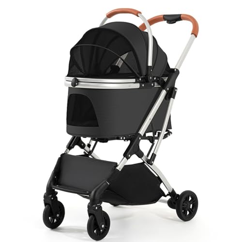 Hundebuggy, Katzenbuggy Mit Rahmen Aus Aluminiumlegierung, Transportbox Hund,360° Schwenkbaren Vorderrädern, Vergrößertem Aufbewahrungskorb, Abnehmbarer Trage(Black) von ASTVDFQK