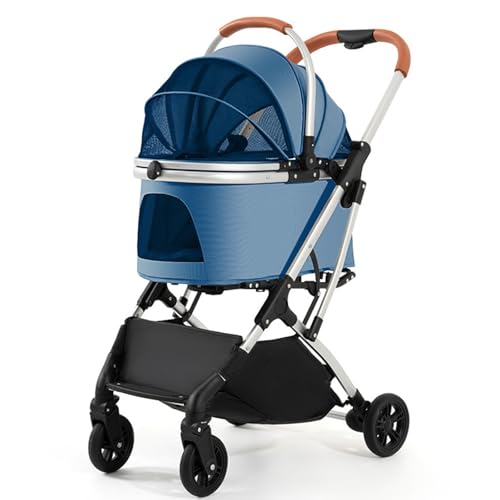 Hundebuggy, Katzenbuggy Mit Rahmen Aus Aluminiumlegierung, Transportbox Hund,360° Schwenkbaren Vorderrädern, Vergrößertem Aufbewahrungskorb, Abnehmbarer Trage(Blue) von ASTVDFQK