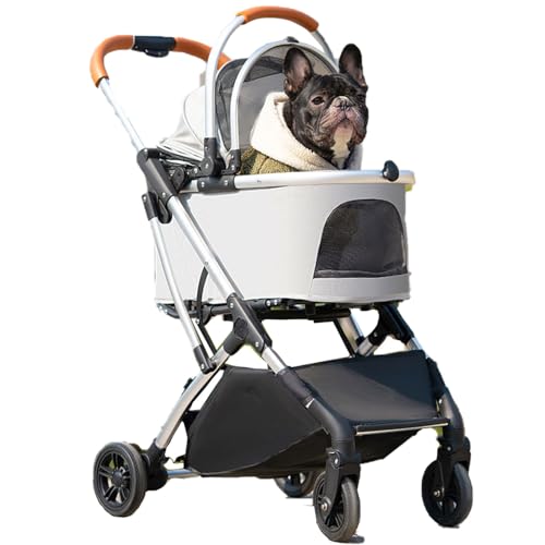 Hundebuggy, Katzenbuggy Mit Rahmen Aus Aluminiumlegierung, Transportbox Hund,360° Schwenkbaren Vorderrädern, Vergrößertem Aufbewahrungskorb, Abnehmbarer Trage(Gray) von ASTVDFQK