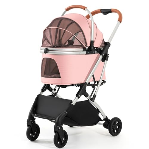 Hundebuggy, Katzenbuggy Mit Rahmen Aus Aluminiumlegierung, Transportbox Hund,360° Schwenkbaren Vorderrädern, Vergrößertem Aufbewahrungskorb, Abnehmbarer Trage(Pink) von ASTVDFQK
