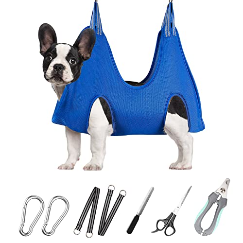 ATESON Pet Grooming Harness for Small Dogs & Cats with Nail Clippers/Nail Trimmers/Grooming Scissors, Dog Grooming Hammock for Nail Trimming, Pet Grooming Sling Helper, Blue, S von ATESON