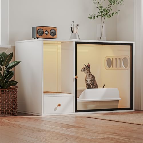 ATJafurn Katzentoilette, Möbel-Stil, weiß, versteckte Katzentoilette, Katzenschrank mit Glastür und LED-Streifen für große Katzen (94 cm B für 1 Katze) von ATJafurn