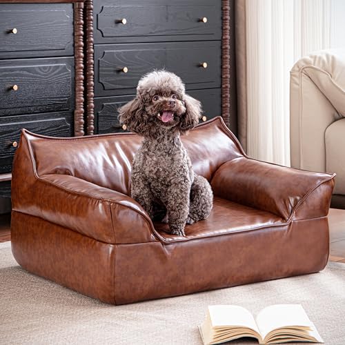 Modernes Leder-Hundesofa, 80 cm, Braun für kleine Hunde und große Katzen, wasserdichtes Hundebett, Sofa, Katze, kratzfest (für unter 22,7 kg) von ATJafurn