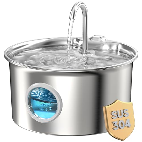 Katzenbrunnen Edelstahl Trinkbrunnen für Katze: Katzen Trinkbrunnen Leise - 2.6L Automatic Katzentrinkbrunnen mit Wasserstandsfenster - Haustierbrunnen für Kleine Hunde - Mehrschichtiges Filtersystem von ATMZIQXR