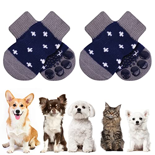 AUAUY Indoor Anti-Rutsch Socken für Hunde und Katzen, Pet Socken, Hundesocken Anti Rutsch Pfotenschutz und Traktion Dank Silikon-Gel 2 Größen für Kleine-Mittlere Tiere(Blau und Grau S) von AUAUY