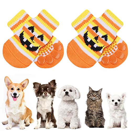 AUAUY Indoor Anti-Rutsch Socken für Hunde und Katzen, Pet Socken, Hundesocken Anti Rutsch Pfotenschutz und Traktion Dank Silikon-Gel 2 Größen für Kleine-Mittlere Tiere(Gelbe Streifen XS) von AUAUY