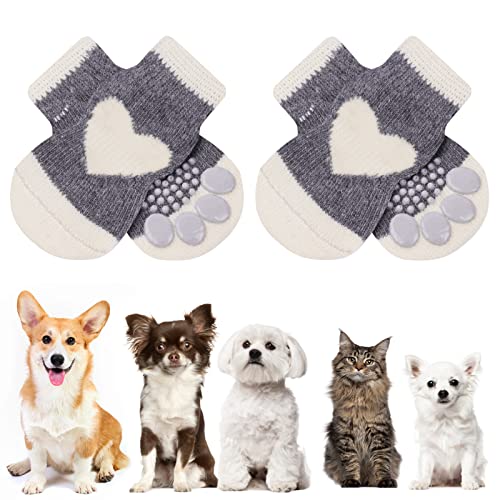 AUAUY Indoor Anti-Rutsch Socken für Hunde und Katzen, Pet Socken, Hundesocken Anti Rutsch Pfotenschutz und Traktion Dank Silikon-Gel 2 Größen für Kleine-Mittlere Tiere(Grau und Weiß S) von AUAUY