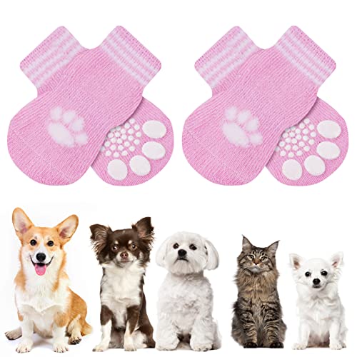 AUAUY Indoor Anti-Rutsch Socken für Hunde und Katzen, Pet Socken, Hundesocken Anti Rutsch Pfotenschutz und Traktion Dank Silikon-Gel 2 Größen für Kleine-Mittlere Tiere(Rosa M) von AUAUY