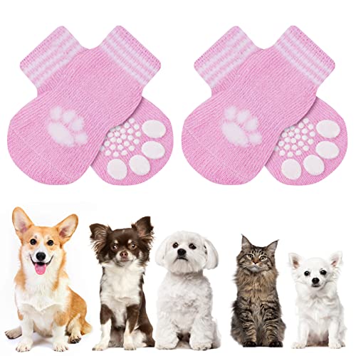 AUAUY Indoor Anti-Rutsch Socken für Hunde und Katzen, Pet Socken, Hundesocken Anti Rutsch Pfotenschutz und Traktion Dank Silikon-Gel 2 Größen für Kleine-Mittlere Tiere(Rosa XS) von AUAUY