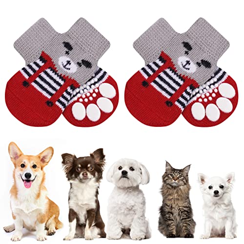 AUAUY Indoor Anti-Rutsch Socken für Hunde und Katzen, Pet Socken, Hundesocken Anti Rutsch Pfotenschutz und Traktion Dank Silikon-Gel 2 Größen für Kleine-Mittlere Tiere(Rot und Grau XS) von AUAUY