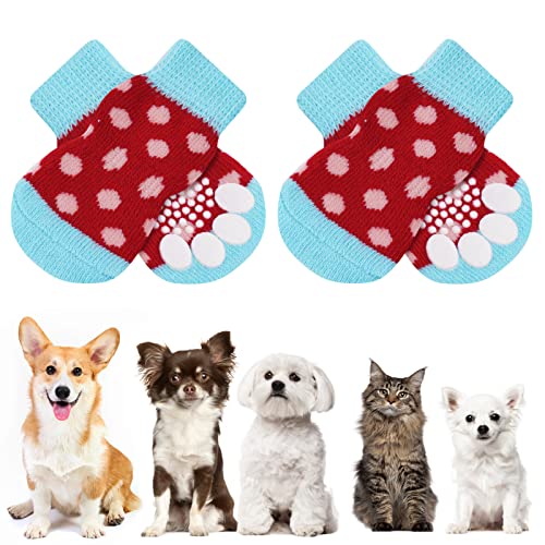 AUAUY Indoor Anti-Rutsch Socken für Hunde und Katzen, Pet Socken, Hundesocken Anti Rutsch Pfotenschutz und Traktion Dank Silikon-Gel 2 Größen für Kleine-Mittlere Tiere(Rot und Grün XS) von AUAUY