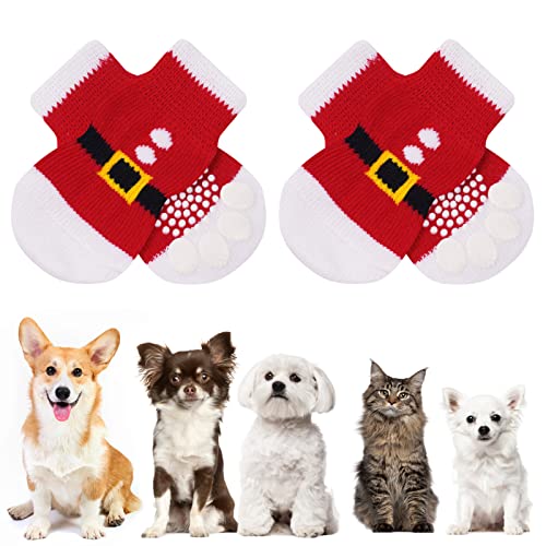 AUAUY Indoor Anti-Rutsch Socken für Hunde und Katzen, Pet Socken, Hundesocken Anti Rutsch Pfotenschutz und Traktion Dank Silikon-Gel 2 Größen für Kleine-Mittlere Tiere(Weihnachtsrot S) von AUAUY