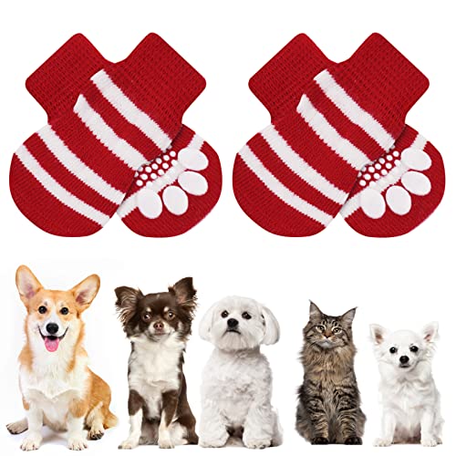 AUAUY Indoor Anti-Rutsch Socken für Hunde und Katzen, Pet Socken, Hundesocken Anti Rutsch Pfotenschutz und Traktion Dank Silikon-Gel 2 Größen für Kleine-Mittlere Tiere(Rot und Weiß XS) von AUAUY