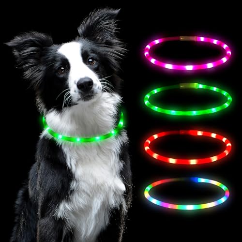 AUAUY LED Leuchthalsband Hund, USB Aufladbar Längenverstellbarer Haustier Sicherheit Silikon Kragen Zuschneidbares Wasserdicht Leuchthalsband für Hunde und Katzen, 4 Modus (Grün) von AUAUY