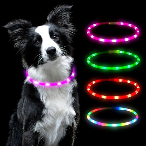 AUAUY LED Leuchthalsband Hund, USB Aufladbar Längenverstellbarer Haustier Sicherheit Silikon Kragen Zuschneidbares Wasserdicht Leuchthalsband für Hunde und Katzen, 4 Modus (Rosa) von AUAUY