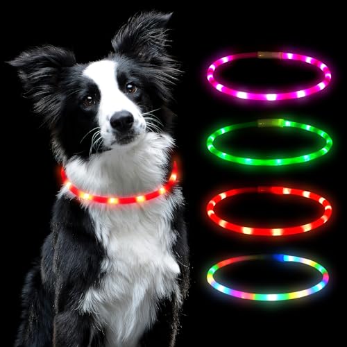 AUAUY LED Leuchthalsband Hund, USB Aufladbar Längenverstellbarer Haustier Sicherheit Silikon Kragen Zuschneidbares Wasserdicht Leuchthalsband für Hunde und Katzen, 4 Modus (Rot) von AUAUY