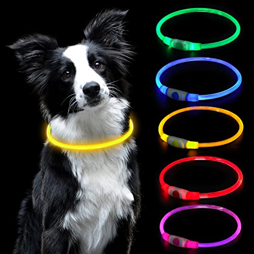 AUAUY LED Leuchthalsband Hund, USB Aufladbar Längenverstellbarer Haustier Sicherheit Kragen Zuschneidbares Wasserdicht Leuchthalsband für Hunde und Katzen, 3 Modus (Gelb) von AUAUY