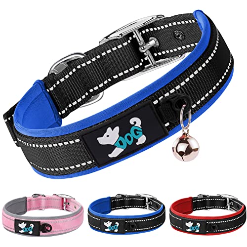 AUAUY Nylon Hundehalsband, Verstellbares Reflektierendes Hundehalsband, Weich Neopren Gepolstert Hundehalsband mit Sicherheitsschnalle Metallschnallen-D-Ring und Etikettenring für alle Rassen(Blau-S) von AUAUY