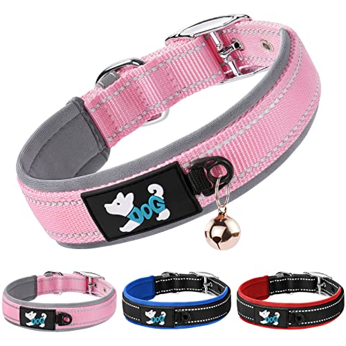 AUAUY Nylon Hundehalsband, Verstellbares Reflektierendes Hundehalsband, Weich Neopren Gepolstert Hundehalsband mit Sicherheitsschnalle Metallschnallen-D-Ring und Etikettenring für alle Rassen(Rosa-M) von AUAUY