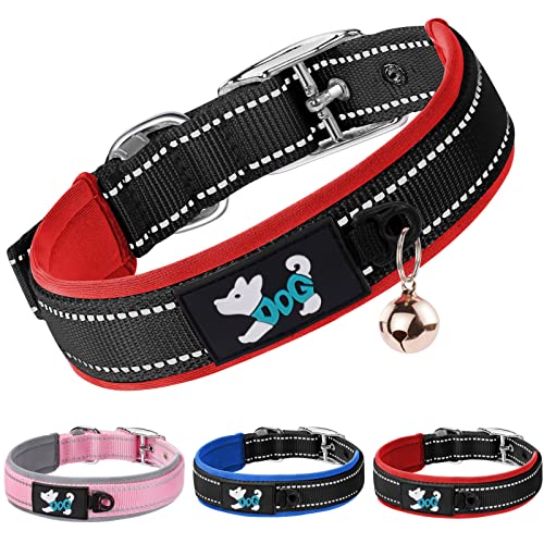 AUAUY Nylon Hundehalsband, Verstellbares Reflektierendes Hundehalsband, Weich Neopren Gepolstert Hundehalsband mit Sicherheitsschnalle Metallschnallen-D-Ring und Etikettenring für alle Rassen(Rot-L) von AUAUY