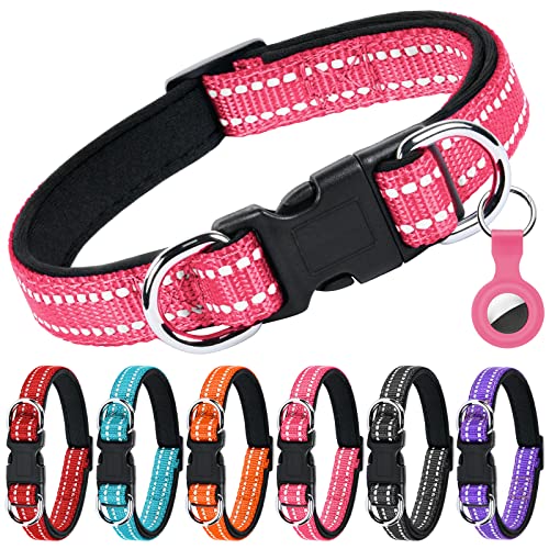 AUAUY Reflektierend Halsband Hund, Verstellbares Atmungsaktives Hundehalsband, Weich Gepolstertes Neopren Nylon Hunde Halsband mit Doppel-D-Ring, AirTag-Hülle für Kleine Mittel Große Hunde(Rosarot-L) von AUAUY