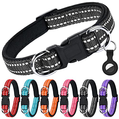 AUAUY Reflektierend Halsband Hund, Verstellbares Atmungsaktives Hundehalsband, Weich Gepolstertes Neopren Nylon Hunde Halsband mit Doppel-D-Ring, AirTag-Hülle für Kleine Mittel Große Hunde(Schwarz-M) von AUAUY