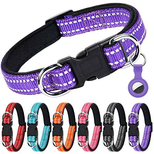 AUAUY Reflektierend Halsband Hund, Verstellbares Atmungsaktives Hundehalsband, Weich Gepolstertes Neopren Nylon Hunde Halsband mit Doppel-D-Ring, AirTag-Hülle für Kleine Mittel Große Hunde(Violett-M) von AUAUY