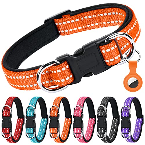 AUAUY Reflektierend Halsband Hund, Verstellbares Atmungsaktives Hundehalsband,Weich Gepolstertes Neopren Nylon Hunde Halsband mit Doppel-D-Ring und AirTag-Hülle für Kleine Mittel Große Hunde(Orange-M) von AUAUY