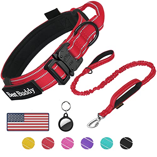 AUBELL Taktisches Hundehalsband und Leine, verstellbar, militärisches Nylon, reflektierend, mit Airtag-Halter und 2 Patches (rot, L) von AUBELL