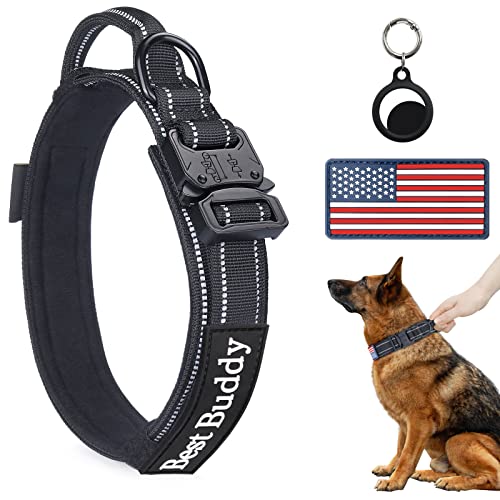 Reflektierendes Hundehalsband, AUBEEL taktisches Hundehalsband für mittelgroße große Hunde, robuste Hundehalsbänder mit Griff und Metallschnalle, zwei Aufnäher enthalten (schwarz, L) von AUBELL