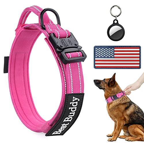Reflektierendes Hundehalsband, taktisches Hundehalsband für mittelgroße Hunde, robuste Hundehalsbänder mit Griff und Metallschnalle, zwei Patches im Lieferumfang enthalten (M, Pink) von AUBELL