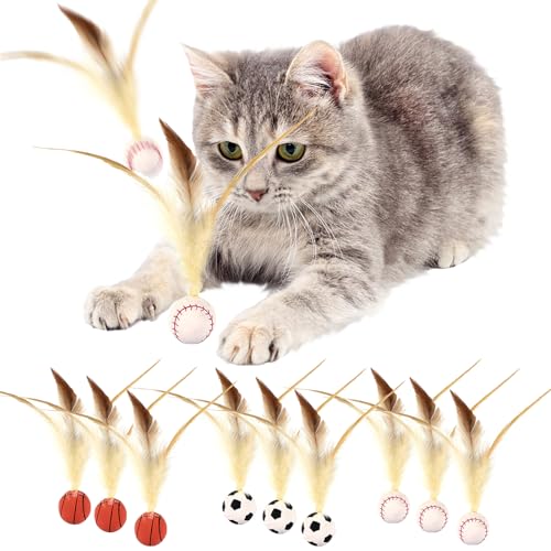 AUNGCSHE 9 PCS Hüpfender Katzenball mit Feder, 2025 Neu katzenspielzeug Ball, Federspielzeug für Katzen, für Unterhaltung mit Federn, Spielen für Drinnen und Draußen, Hochelastischer Spaß für Katzen von AUNGCSHE