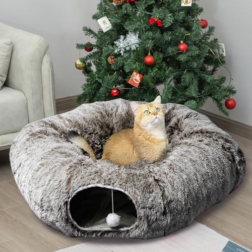AUOON Katzentunnel mit zentraler Matte, großes Schlauch-Spielplatz-Spielzeug, weiches Plüschmaterial, Vollmondform für Kätzchen, Katzen, Welpen, Kaninchen, Frettchen (braun) von AUOON