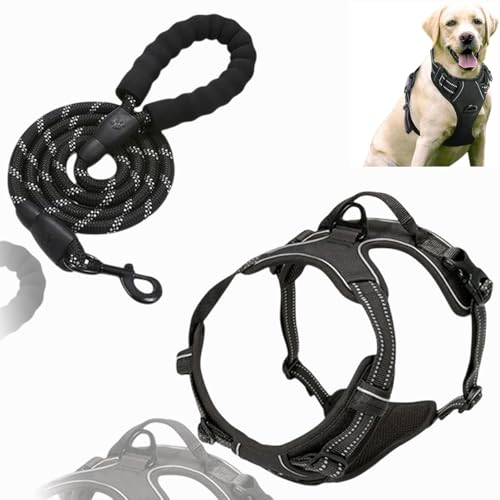 Hundegeschirr und Leine, verstellbares Haustiergeschirr, kein Ziehen, reflektierend, atmungsaktiv, Weste, für Training, Spazierengehen, Größe L, Schwarz Hundegeschirr und Leine, verstellbares Haustiergeschirr, kein Ziehen, reflektierend, atmungsaktiv, Weste, für Training, Spazierengehen, Größe L, Schwarz von AUPERTO