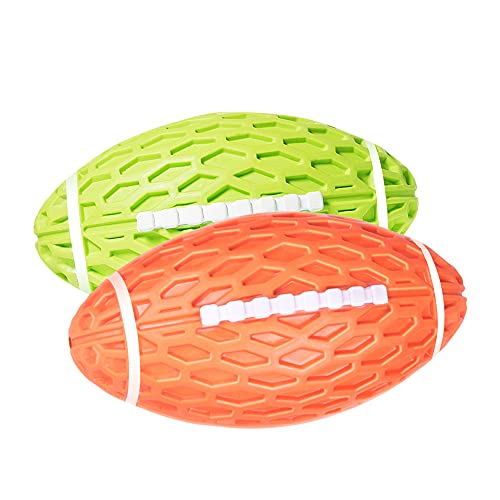 AUSCAT 2 Stück Hundespielzeug Ball Quietschend, 10.3cm Hundeball für Mittlere & Kleine Hunde, Quietschspielzeug Football-Form aus Naturkautschuk, Grün und Orange Rugby von AUSCAT