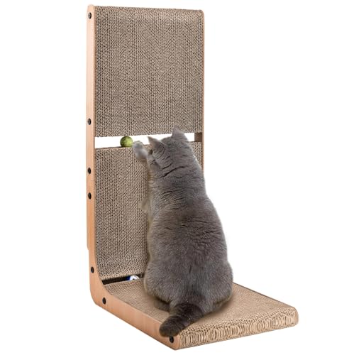 AUSCAT Kratzbrett Katzen mit Katzenspielzeug, 69 cm hohe L förmige Kratzpappe für Katzen mit 2 eingebauten Bällen, Katzenkratzbrett aus hochwertigem Karton von AUSCAT